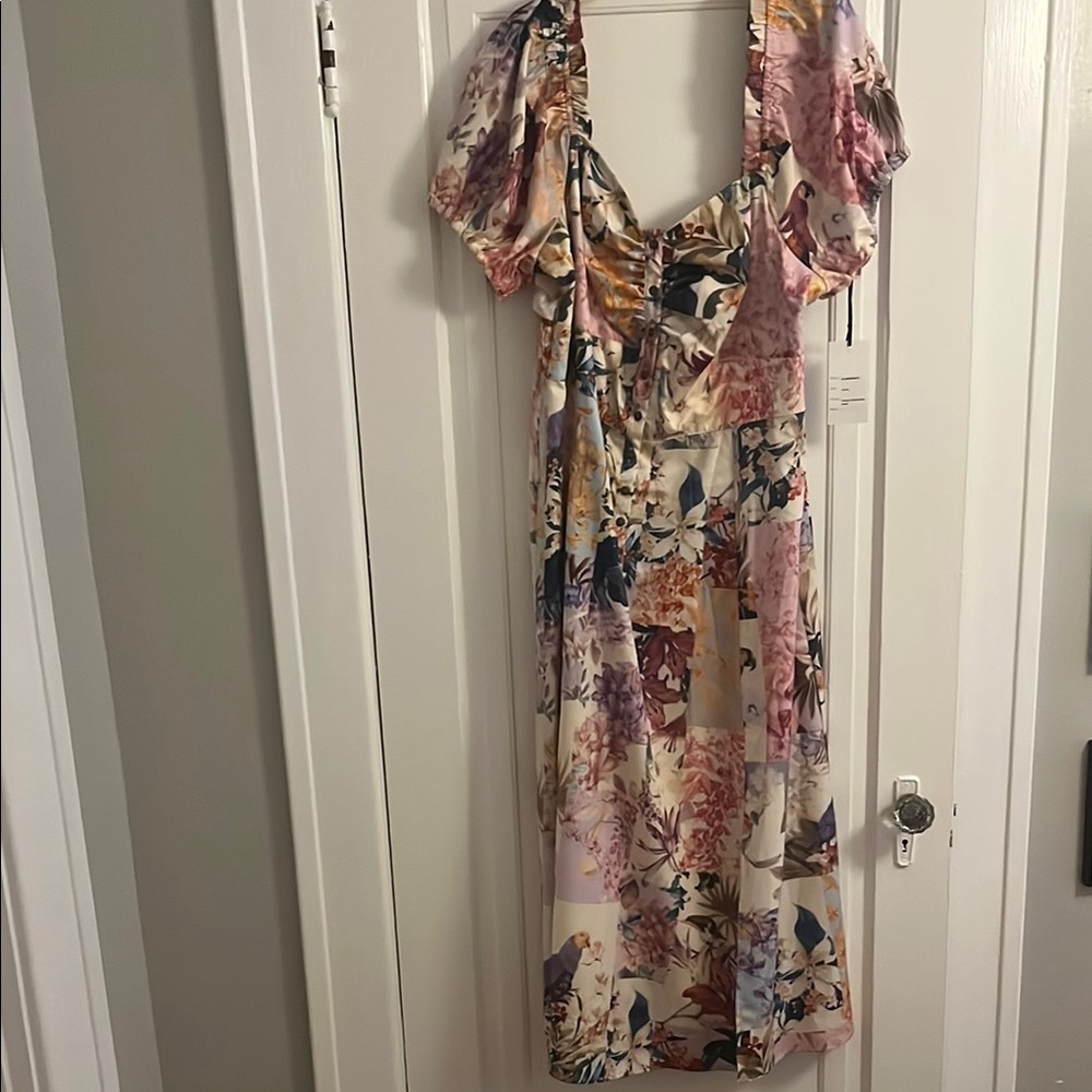 Unique Vintage Pink and Purple Wrap Maxi Dress Puff Sleeves